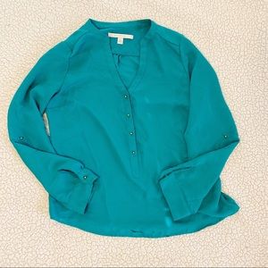 Lauren Conrad Green Blue Blouse Gold Buttons